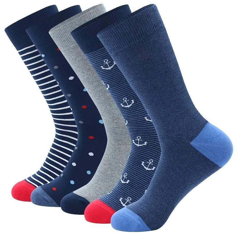5 Pairs Fashion Colorful Men's Business Dress Socks High Quality Stripe Dots Anchor Large Size Men Cotton Socks Soft Breathable Elastic Long Socks (image for) 5 Pairs Fashion Colorful Men's Business Dress Socks High Quality Stripe Dots Anchor Large Size Men Cotton Socks Soft Breathable Elastic Long Socks